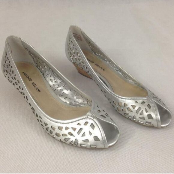 ANTONIO MELANI Silver Cutout Peep Toe Heels - Picture 1 of 8